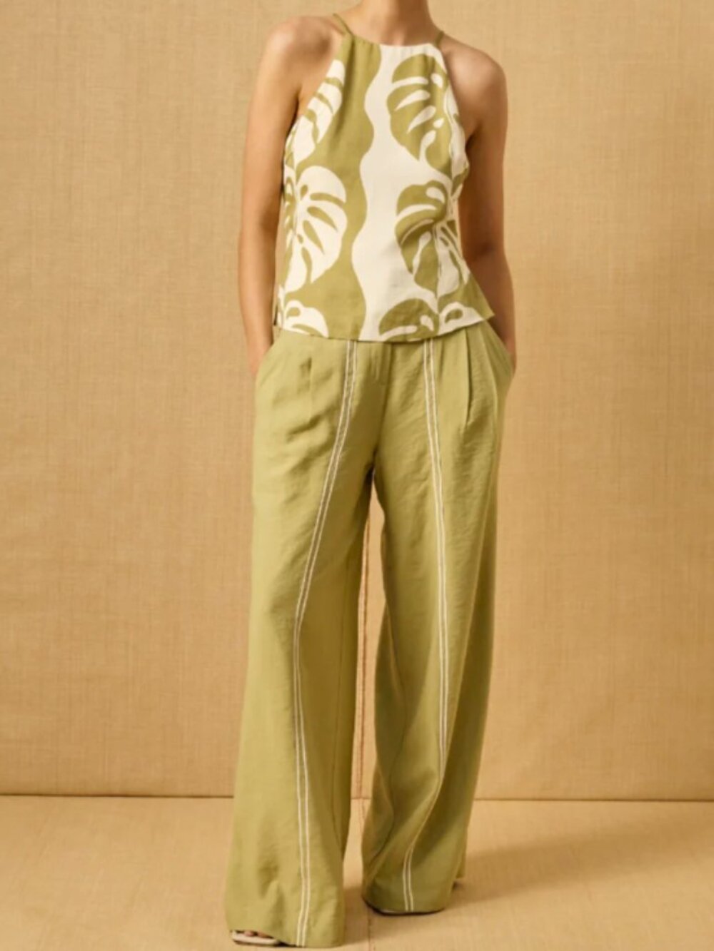 Mon Renn scenic pant olive size small wide leg pleated quiet luxury resort